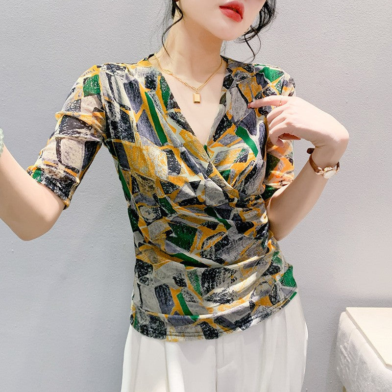 Marisse Mesh V-Neck Half-Sleeve Top