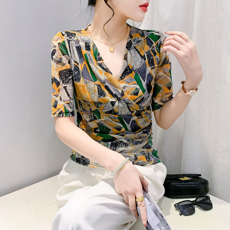 Marisse Mesh V-Neck Half-Sleeve Top