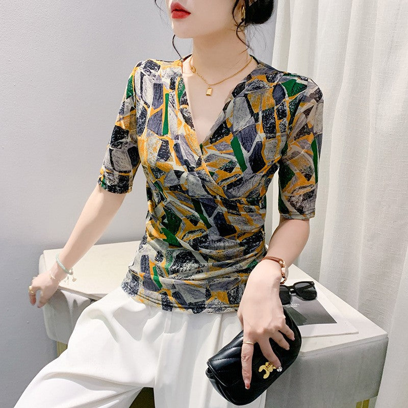 Marisse Mesh V-Neck Half-Sleeve Top