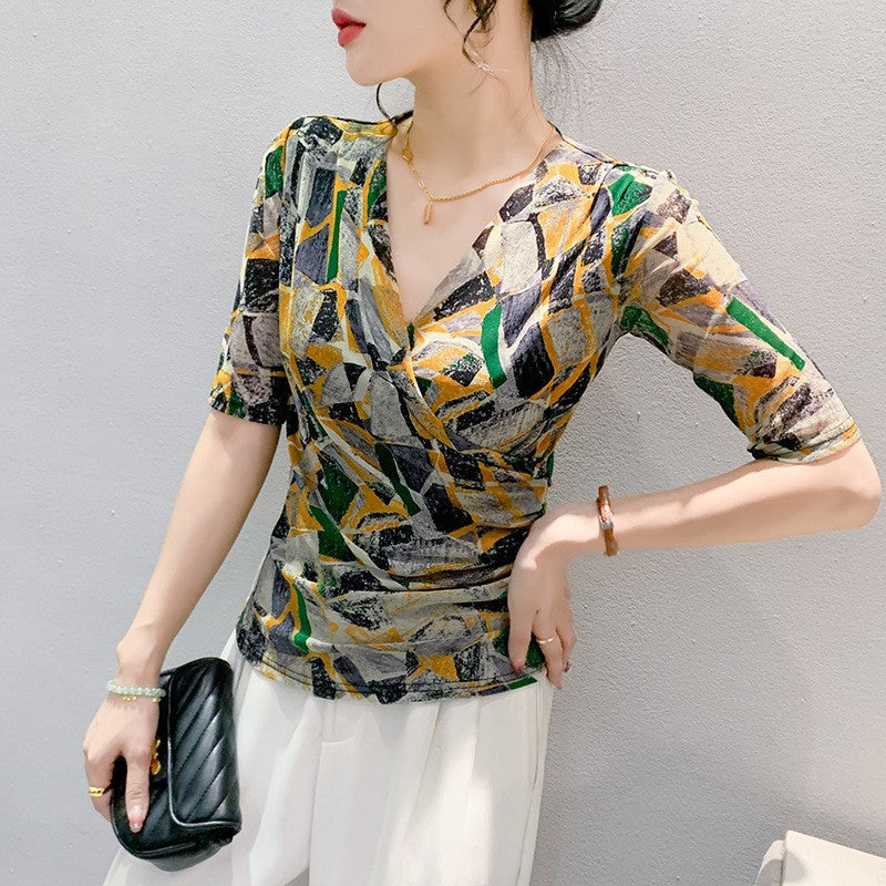 Marisse Mesh V-Neck Half-Sleeve Top