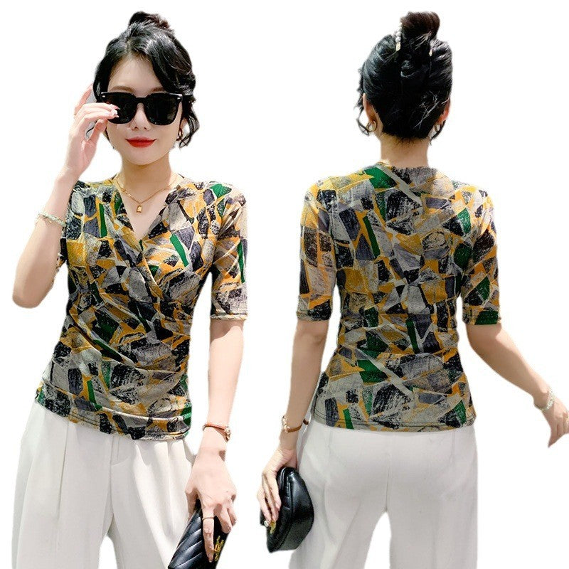 Marisse Mesh V-Neck Half-Sleeve Top