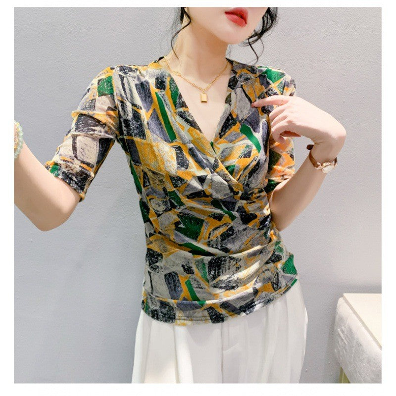 Marisse Mesh V-Neck Half-Sleeve Top